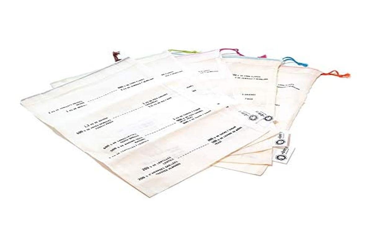 ECODIS - 5 Sacs Taille M gradués - réutilisables céréales et légumineuses, en Coton Bio. Gradués pour Aider à Acheter Les Bonnes quantités