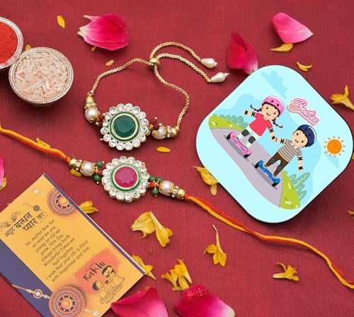 Image of CraftVatika Rakhi for Brother Bhabhi Gift Combo, Kundan Rakhi with Fridge Magnet, Couple Pair Rakhi for Bhaiya Bhai Bhabhi, Set of 2 Kundan Rakhi for Men Women Tilak Set