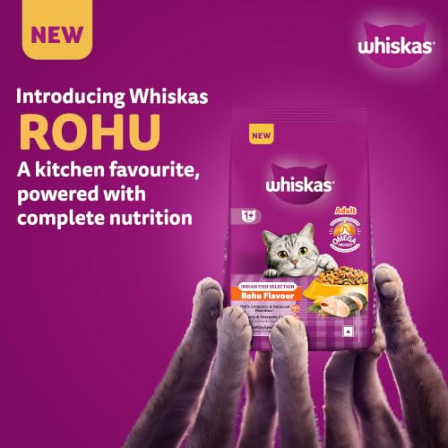 Image of Whiskas Adult (1+ Years) Dry Cat Food, Rohu Fish Flavour, 1.2 kg, Powered with 40 Essential Nutrients, Complete & Balanced Nutrition for Adult Cats (Pack of 4)