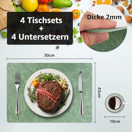 Set di 4 tovagliette con 4 sottobicchieri, design floreale intagliato, antiscivolo, resistenti al calore, lavabili, per cucina e tavolo da pranzo, in pelle artificiale (verde) - immagine 3