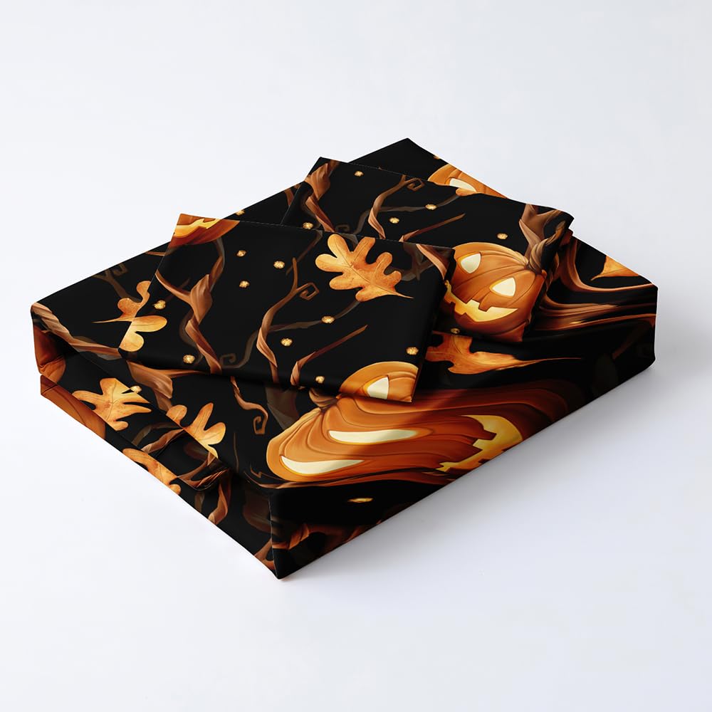 Luowei Halloween Bettwäsche 135x200 4teilig Kürbis Laterne Blätter 3D Bettwäsche Halloween Weich Microfaser Bettbezug Set für Kinder Teenager Geschenk mit Reißverschluss und 2 Kissenbezüge 80x80 cm
