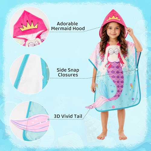 Image of LOLANTA Toddler Hooded Bath Towel Mermaid Towel Terry Cloth Pool Poncho Swim Cover Up Kids Beach Towels Girls (Mermaid, 1-3T