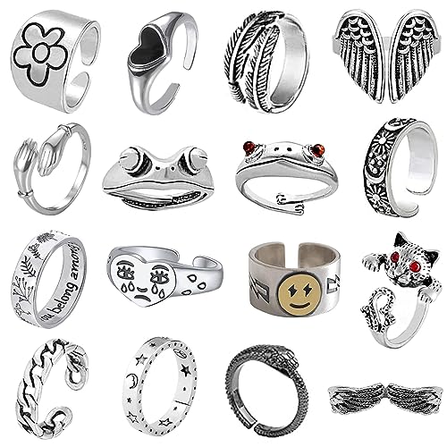 16 Pcs Cool Silver Plated Frog Open Rings Set, Vintage Matching Rings, Cute and Stylish, Snake, Hug, Moon and Sun Rings for Couples for Women Men