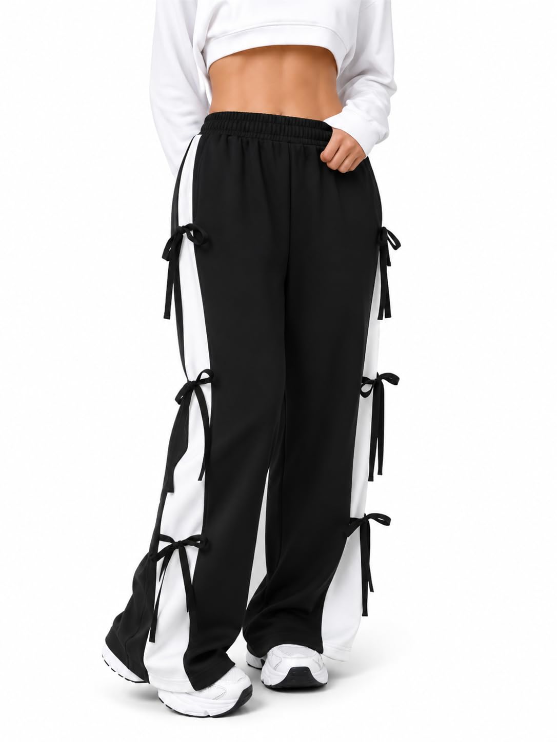 Women's Wide Leg Track Pants, Black with White Bow Detail Side Stripe, Casual Style-picture-55