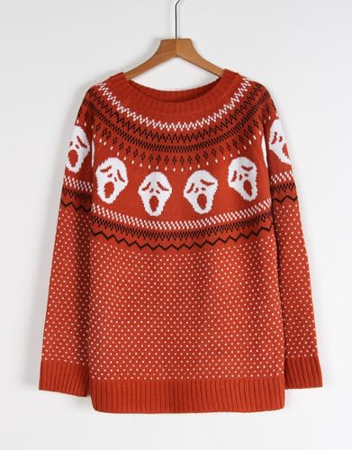 Image of Women's Fair Isle Sweaters Long Sleeve Crew Neck Loose Casual Halloween Pullover Sweater Deep Orange Small