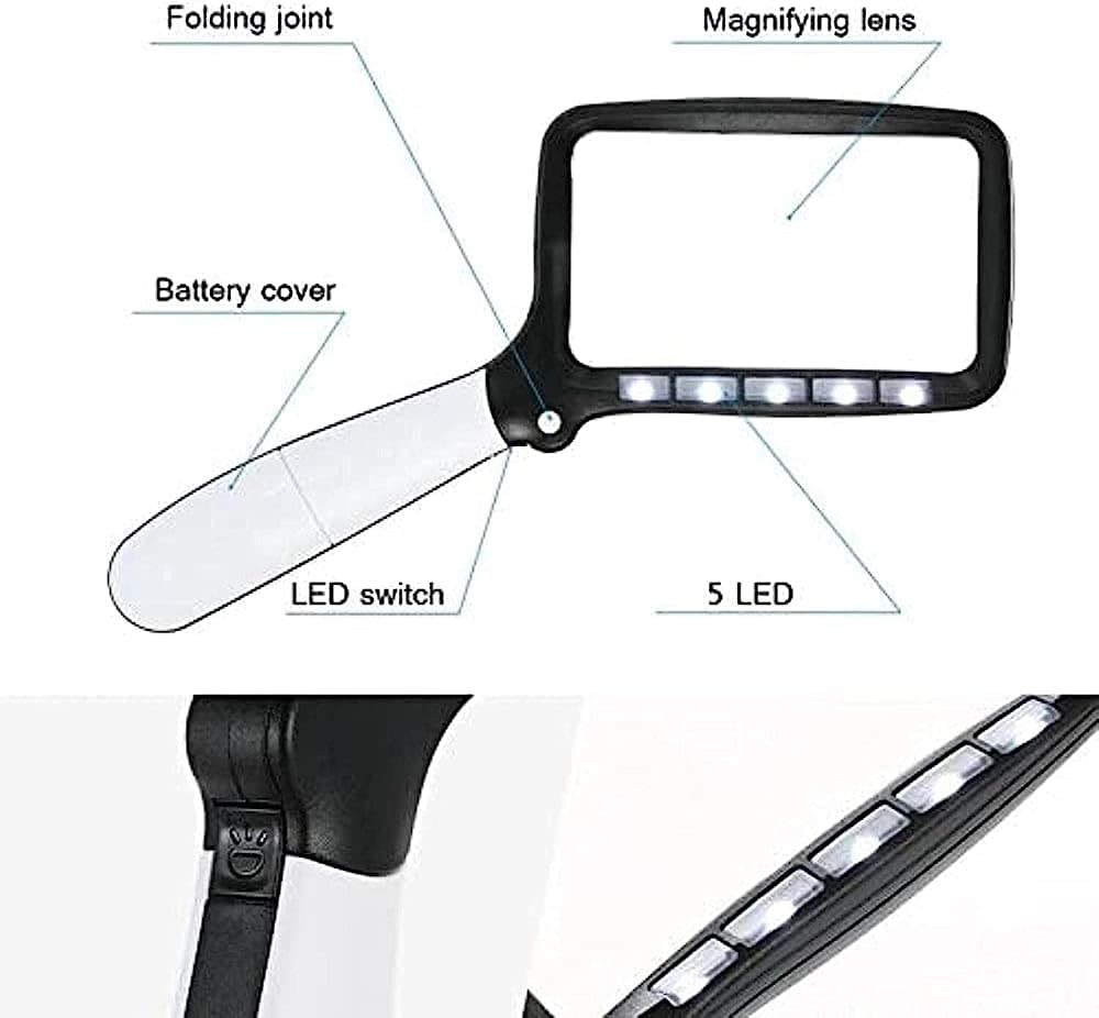 Vergrößerungsglas, 2-Fach vergrößernde, Faltbare Handlupe mit 5 LEDs, HD-Acrylglas, quadratisch, für Senioren zum Zeitunglesen/Weiß