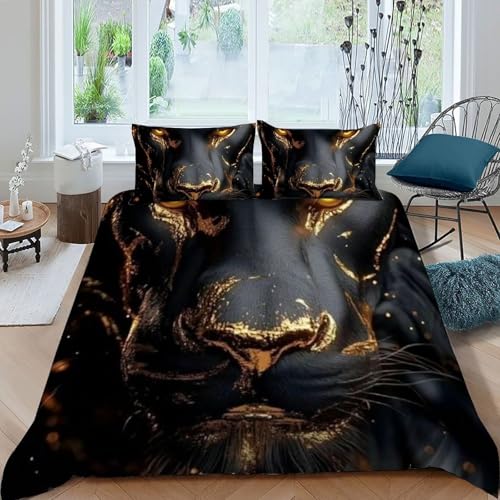 Housse de couette double 200x200cm microfibre animaux 3D fermeture éclair tigre d'or - 3