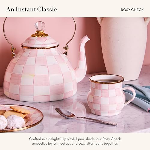Image of MACKENZIE-CHILDS Enamel Mug, 16 Ounces, Pink-and-White Rosy Check
