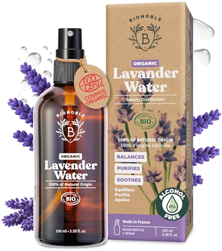BIONOBLE Organic Lavender Water for Skin - Soothes Purifies and Balances - 100% of Natural Origin and Vegan Lavender Hydrosol for Acne-Prone Skin Body and Hair - Glass Bottle with Spray - 100ml