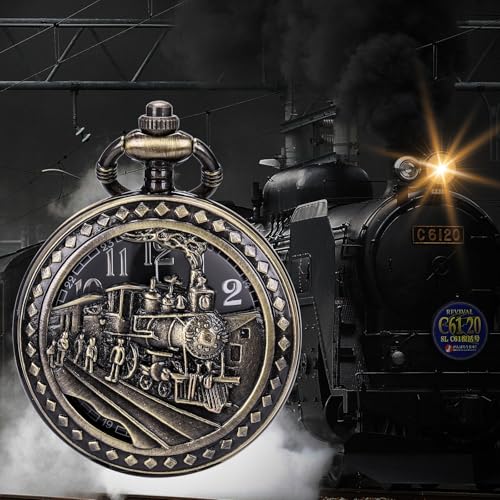 Image of SIBOSUN Antique Men Pocket Watch with Chain Oversized 50MM 1.96 Inch 3D Locomotive Steam Train Railroad Hollow + Box