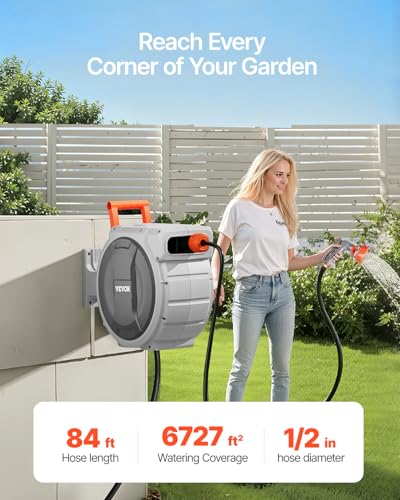 Image of VEVOR Retractable Garden Hose Reel, 1 /2 Inch x 84 ft Wall Mounted Heavy Duty Garden Hose Reel with 9 Patterns Nozzle, Any Length Lock, Upgraded Slow Return System and 180Swivel Bracket | Heavy Duty Garden Tool with 9 Patterns Nozzle, Any Length Lock, Upgraded Slow Return System, 180 Swivel Bracket & PP Shell