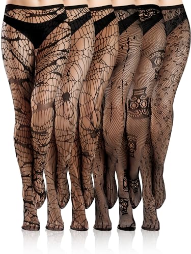 Image of Fourluoo 6 Pairs Women Fishnet Tights Lace Ripped Spider Web Fishnets Leggings Mesh Pantyhose Thigh High Stockings