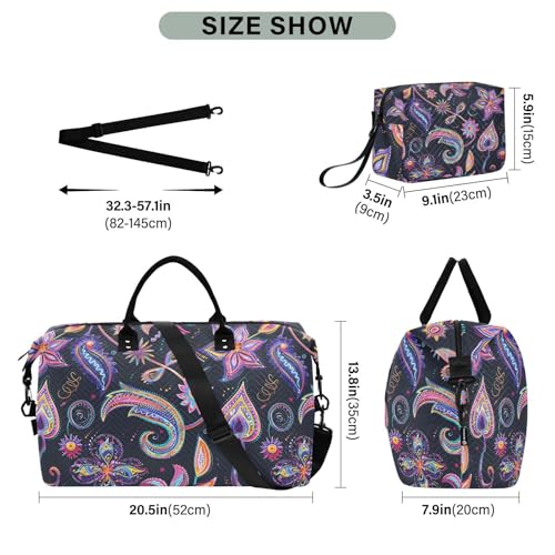 Paisley Bohemian FlowersTravel Duffle Bag,Large Weekender Travel Bag for Women Men Waterproof Luggage Bag with Trolley Sleeve,Airplane Travel Essentials for Flying3