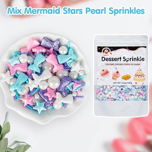 Image of Edible Mermaid Sprinkles,130g /4.58oz,Sugar Pearl Stars Jimmies Mix,Pearl Candy Ocean Sprinkles,Summer Baking Cake Fun Decorations,Perfect for Ice Cream,Cookies,Dessert,Cupcake Topper,Birthday Children's Anime Theme Party Supplies