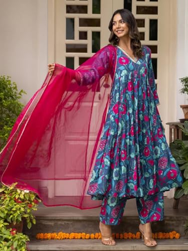 Image of Tee Projekt Women's Cotton Blend V-Neck Anarkali Kurta Pant with Dupatta Set