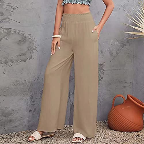 Women Flowy Wide Leg Pants Solid Color Elastic Waist Casual Palazzo Pants Skin-Friendly Dropping Feel Soft (Khaki, L)2
