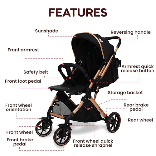 Image of Infantso GlideX Premium Baby Stroller / Pram, Reversible Handle, One-Hand Fold and 360 Rotating Wheels,, Travel Friendly, 5 Points Safety Harness, Extendable Canopy, Multilevel Recline, Adjustable Footrest, Easy Fold, Shock Absorption Wheels, for babies 0 to 3 years (GoldenBlack)
