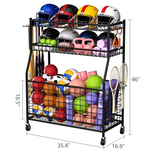 Sports-Gear-Organizer-Garage-Ball-Storage-Rack-with-Wheels-Rolling-Ball-Storage-Cart-for-Basketballs-Soccer-Bats-Helmets-Toys-Multi-Functional-Ball-Rack-Organizer-for-Indoor-Outdoor-Use-Black