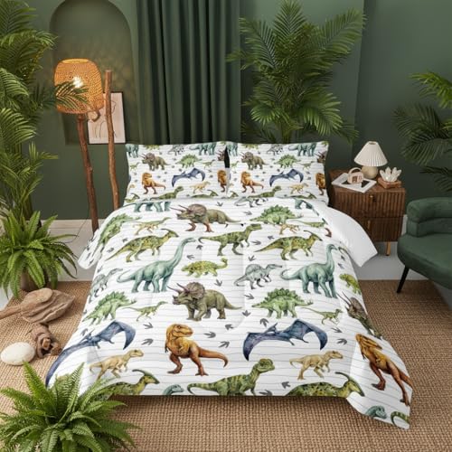 Image of QOOMO Cartoon Dinosaur Comforter for Girls Boys Jurassic Duvet Set Black Animal Bedding Set Queen Size with 2 Pillow Shams Lightweight Microfiber for All Seasons