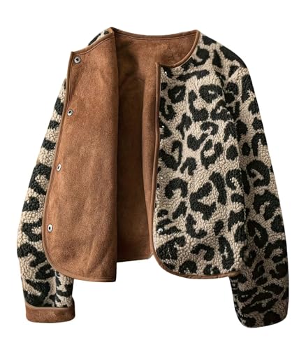 INVACHI Women's Leopard Print Jacket Casual Fuzzy Button Down Long Sleeve Fall Winter Coat Outerwear