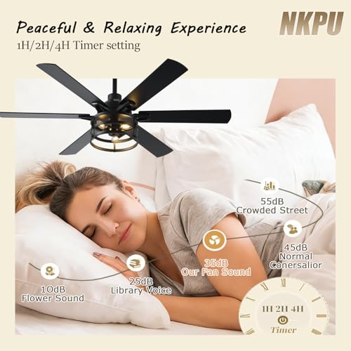 Image of NKPU 52 Inch Farmhouse Ceiling Fan with Light and Remote, Black Industrial Caged Rustic Ceiling Fan with 6 Speed Reversible Motor and Dual Finish 6 Blades, Rustic Ceiling Fan for Living