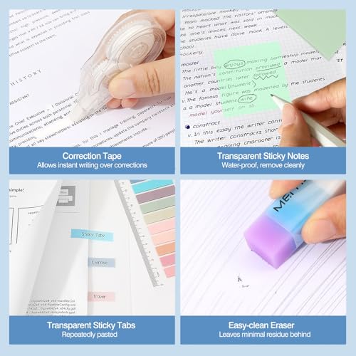 Image of MoKo Pencil Case with Supplies, 60Pcs Aesthetic School Set, Blue | Includes highlighters, gel and ballpoint pens, mechanical pencils, refills, sticky notes, correction tapes and rulers.