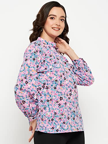 Image of Fashfun Women's Shirt (Floral Pink Crepe Top with Mandarin Collar & Full Sleeve)