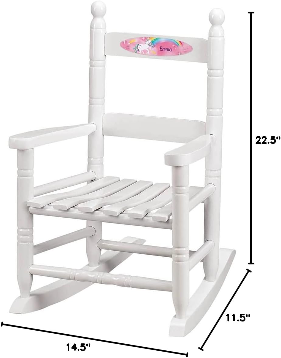 Fox Valley Traders Custom Unicorn Children's Rocking Chair, Durable Wood - Measures 14 1/2" Wide x 11 1/2" Deep; 22 1/2" Overall Height, White Font