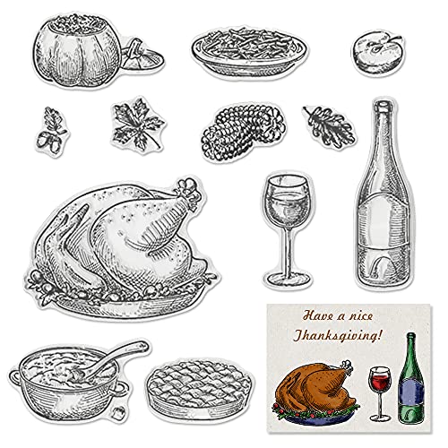 Thanksgiving Day Cooking Clear Stamp For Card Making, Dish Wine Corn Turkey Leaf Apple Autumn Fall Clear Rubber Stamp For Holiday Card Making Decoration And Diy Scrapbooking Album Diy Crafts #TOP21