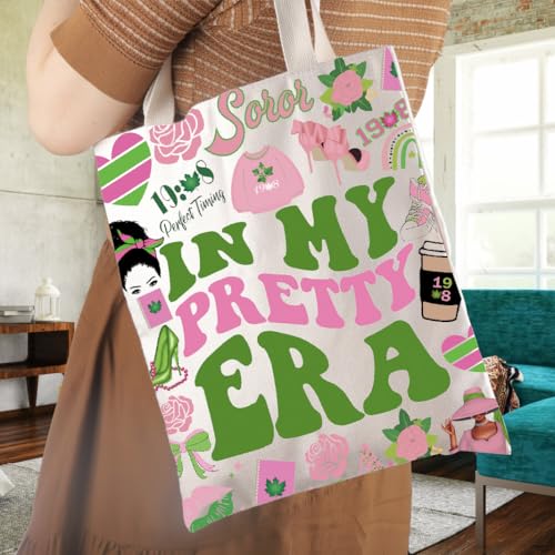 WCGXKO Sorority Gift In My Pretty Era Pink and Green Sorority Canvas Tote Bag3