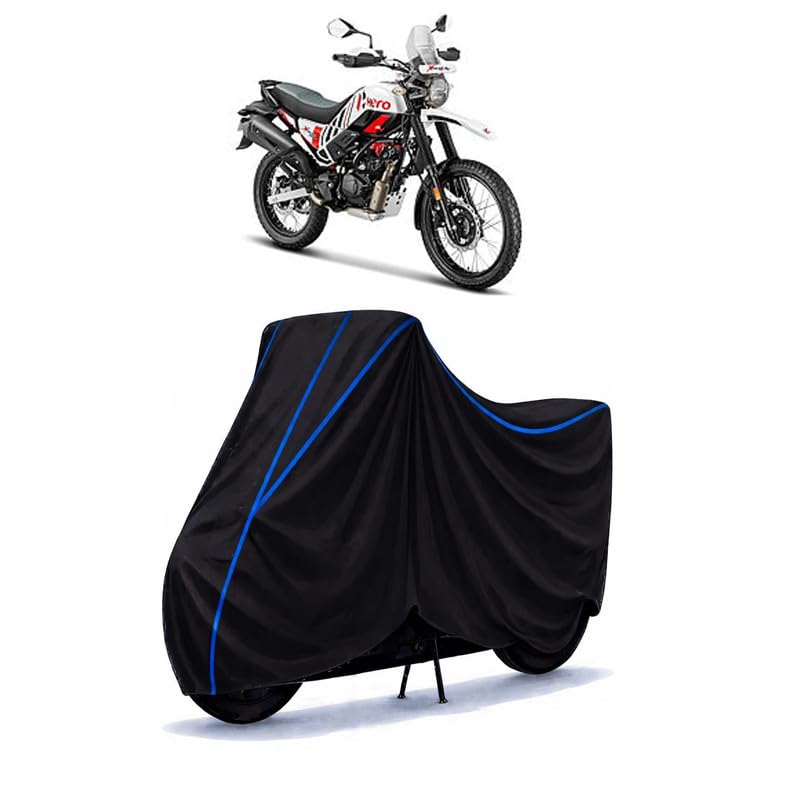 Image of Hero XPulse Bike Cover Water Resistant Universal Motorcycle Rain | Heavy Duty UV Protection, Dust, Scratch Indoor Outdoor All Weather with Black Blue Piping Elastic