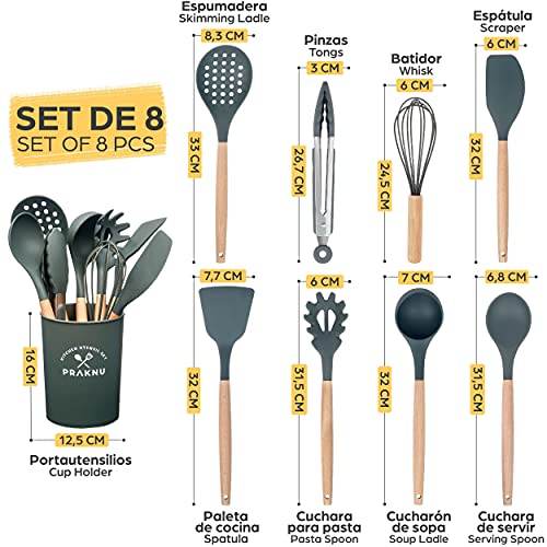 Set-de-8-Utensilios-de-Cocina-de-Silicona-Resistente-al-Calor-Mango-de-Madera-Con-Soporte-Con-Agujeros-para-Colgar