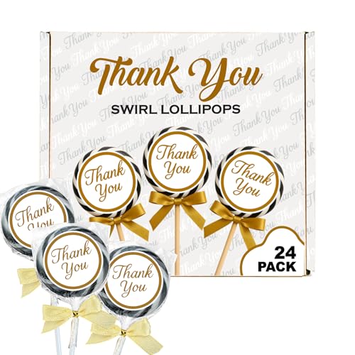 Thank You Swirl Lollipops with Gold Bow 24 Pack Individually Wrapped Suckers Birthday Party Candy for Kids Thank You Party Favor Candy Bulk for Wedding and Baby Shower Favors Treats for Goodie Bags
