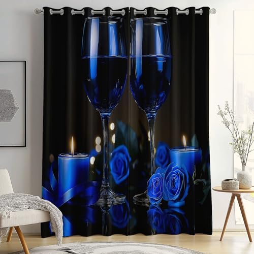 Cortinas con Ojales Tema De Amor, Cortinas Opacas para decoración del hogar con Aislamiento térmico Azul Rosas Velas, Cortinas Estampadas para Dormitorio y Sala de Estar 70 x 160 cm (2 Paneles)