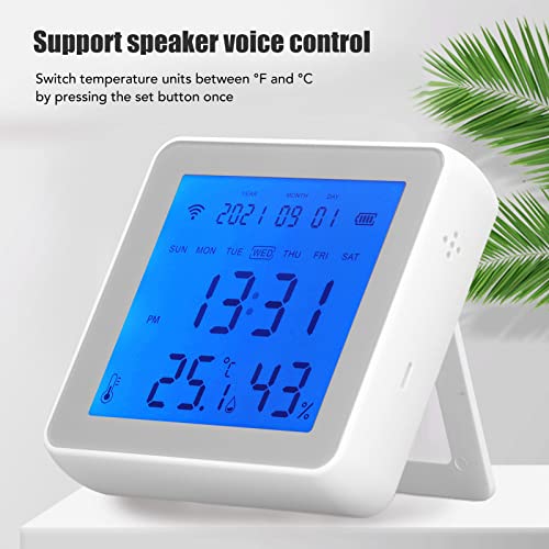 Temperature Humidity Monitor, Digital Hygrometer Indoor Thermometer, Voice Control Backlight Alarm Clock Smart Digital Humidity Sensor for TUYA