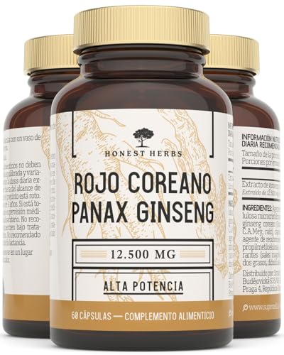 Ginseng Rojo Coreano 12,500 mg - Panax Ginseng con 20% de Ginsenósidos - Alta Concentración - 60 Cápsulas - Vegano