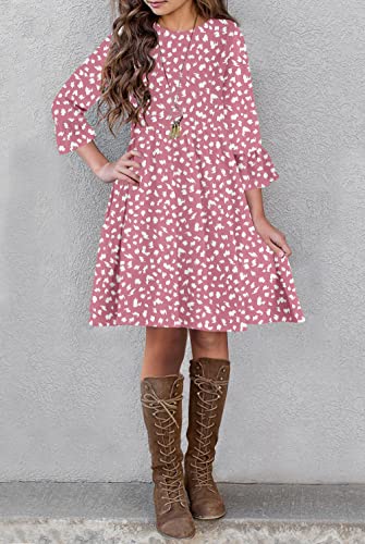 HOSIKA Girls Midi Dress Floral 3/4 Sleeve Ruffle A-line Swing Casual Dresses with Pockets for Kids 6-12 Years4