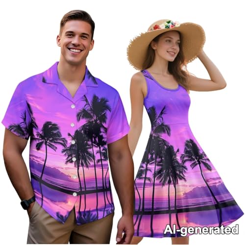 Image of Hawaii Matching Couple Outfits Husband and Wife Clothing Fashionable Mens Casual Shirts Hawaii Dress with Soft Fabric