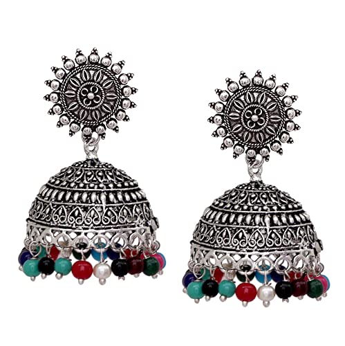 V L IMPEXSun Shape Lightweight With Mix Beads Silver Plating Oxidised Girls Jhumki Earrings