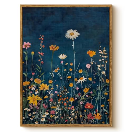 WHASAYART Botanical Floral Canvas Print 12x16 Framed Wildflower Wall Art, Rustic Dark Blue Colorful Flower Artwork, Vibrant Vintage Painting Living Room Kitchen Bedroom Hallway Home Decor