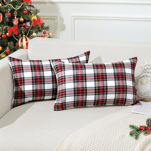 JOTOM Lot de 2 Housses de Coussin Décoratives de Noël à Motif Tartan écossais Classique et Rustique pour Décoration de Sofa Canapé 30 x 50 cm (Rouge...