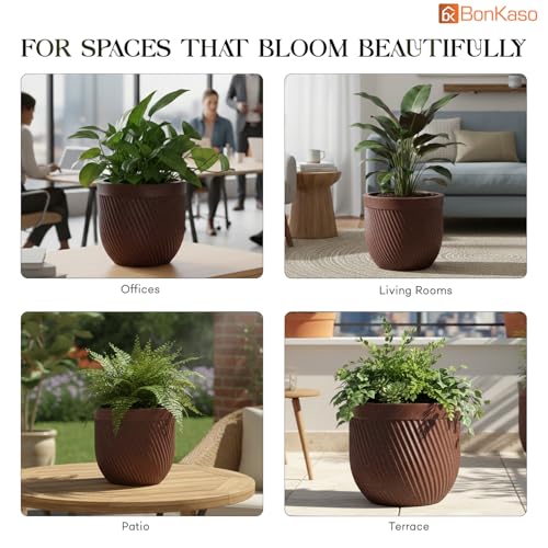 Image of Bonkaso 12 Inch Seltos Ribbed Planter for Indoor & Outdoor Use | Round Heavy Duty Polymer Flower Pot | Lightweight Weather Resistant Modern Gamla for Living Room Balcony & Terrace (Brown)
