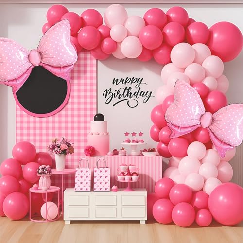 Image of 55 Pcs Set of Pastel pink and Hot pink balloons with pink Bow foil balloons for girls birthday celebration, home party decoration kit
