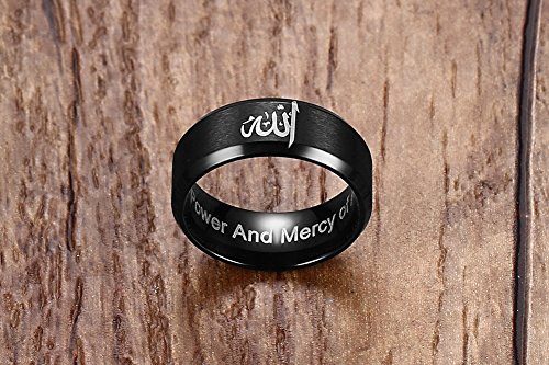 Mens Black Stainless Steel Allah Ring Band for Arabic Islamic Muslim Prayer,Size 6-13