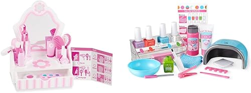 Melissa & Doug Set de juego de madera para salón de belleza con accesorios, peluquería de simulación, tocador de maquillaje para niños pequeños,