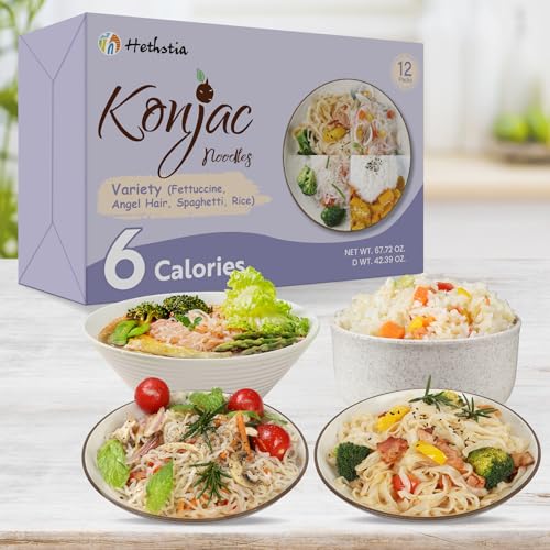 Image of Hethstia Konjac Noodles Variety Pack - 12 Pack Shirataki Noodles Spaghetti, Fettuccine, Angel Hair, and Rice Shapes, Low Calorie, Keto, Vegan, Gluten-Free, Sugar-Free, Low GI, Ready-to-Eat Healthy Food Gifts
