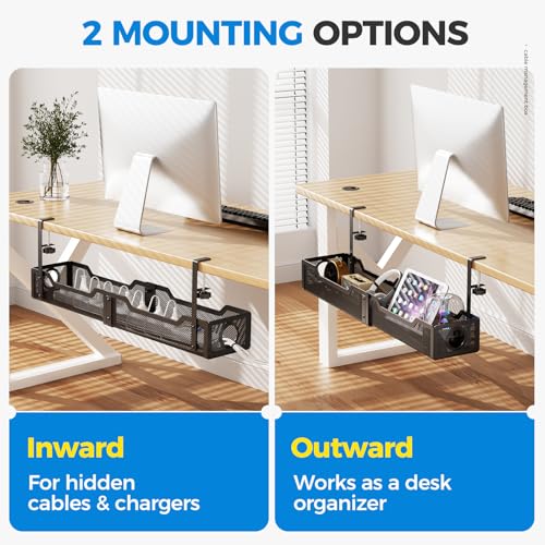 Image of [Upgraded] 25 inch Extra Large Under Desk Cable Management, Cinati Wire Organizers No Drill, Cable Tray with Clamp for Wire Management, Cord Organization Box for Office, Home - No Damage to Desk(Black)