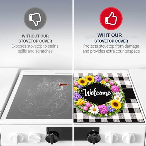 Image of HOMETITUTE Spring Stove Top Covers for Electric Stove 28x20 Inches Welcome Floral Ring Buffalo Plaid Glass Cooktop Protector Pad Decorative Stovetop Cover Dish Drying Mats for Kitchen Decor