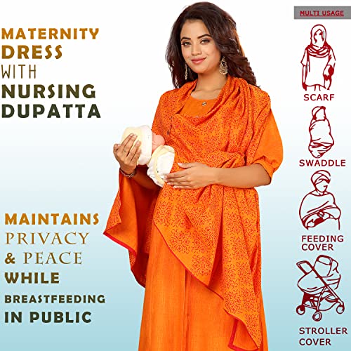 Image of CEE 18 Women's Cotton Rayon A-Line Maternity Feeding Kurti with Nursing Dupatta (9695 44 Orange XX-Large)