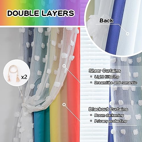 Image of MYSKY HOME 95 Inch Long Rainbow Curtains for Girls Bedroom & Living Room - Double Layer Ombre, White Pom Pom, Blackout Sheer, Room Darkening Grommet Window Panels (2 Pieces, 52 x 95 in)